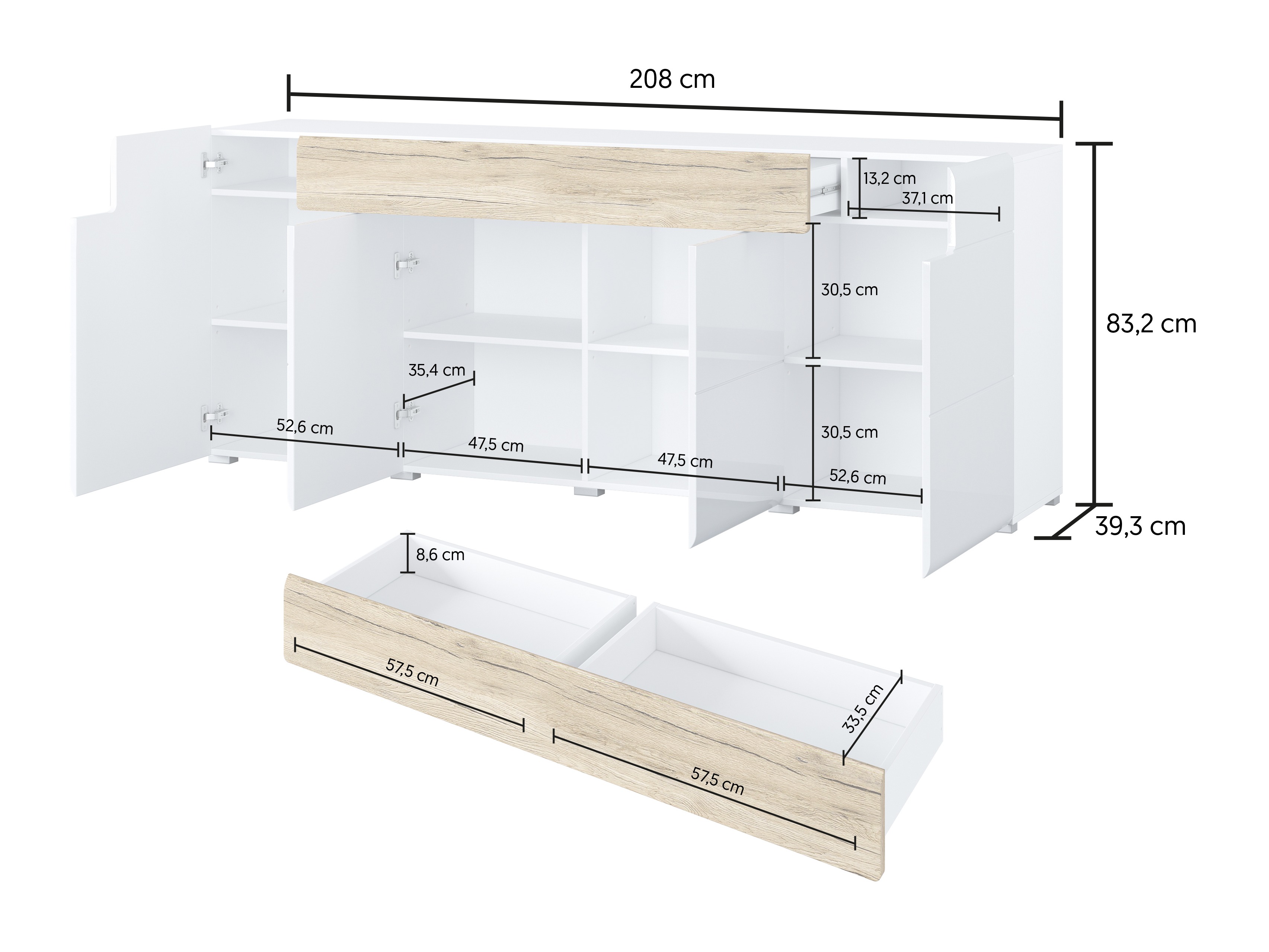 Komoda Torsone 102 (Belo + Sjajno belo + Hrast San Remo)