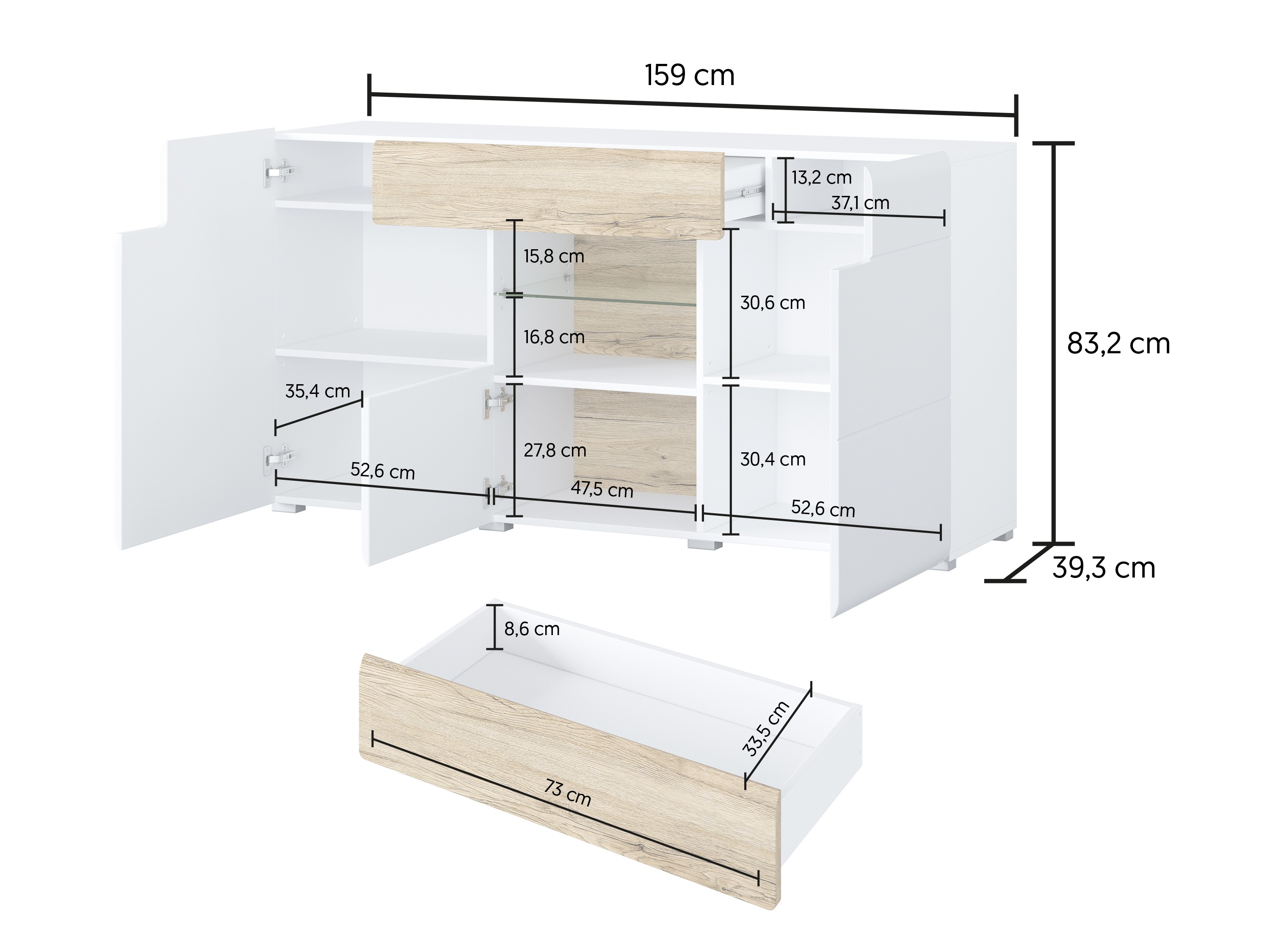 Komoda Torsone 108 (Belo + Sjajno belo + Hrast San Remo)