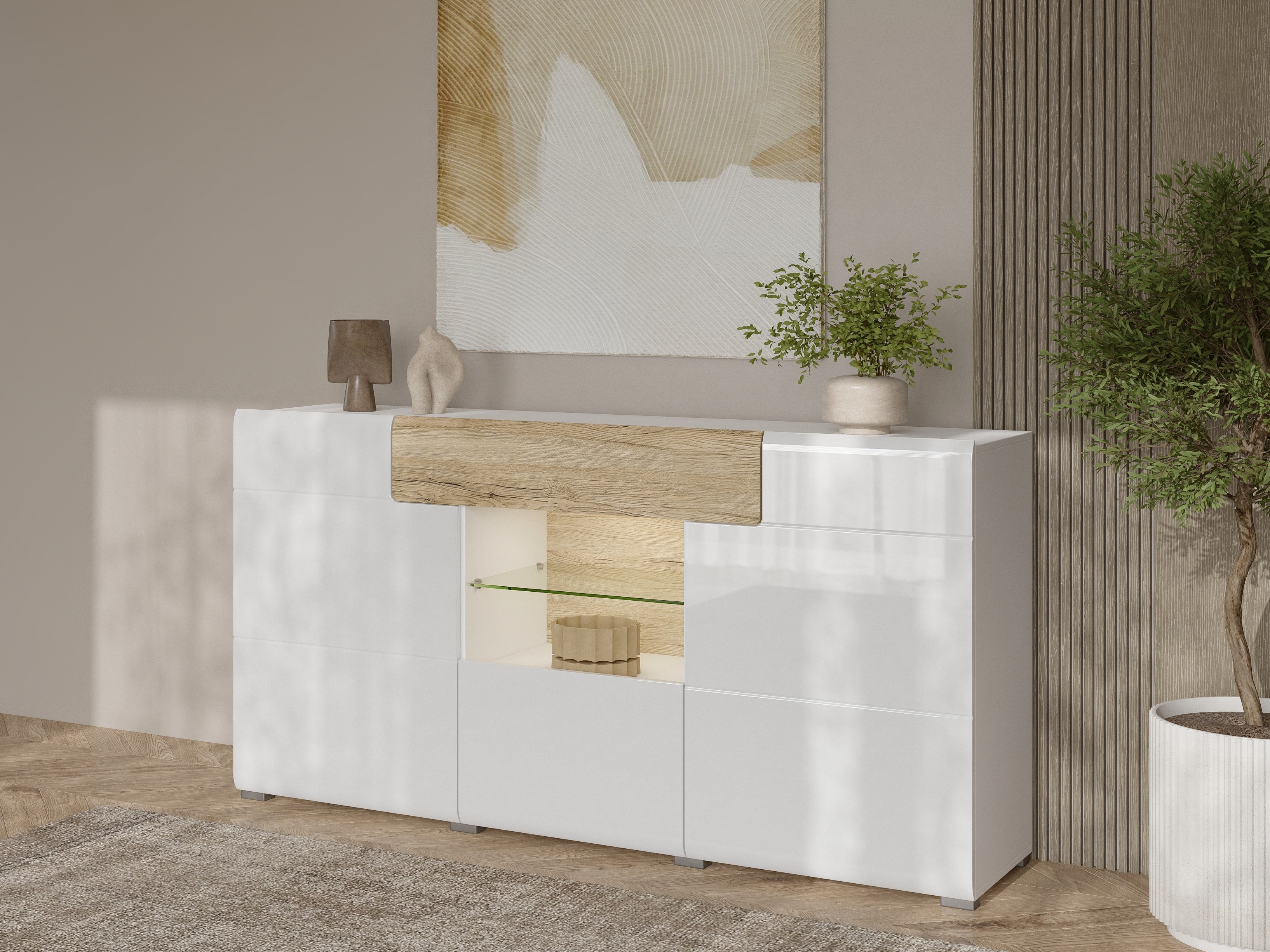 Komoda Torsone 108 (Belo + Sjajno belo + Hrast San Remo)