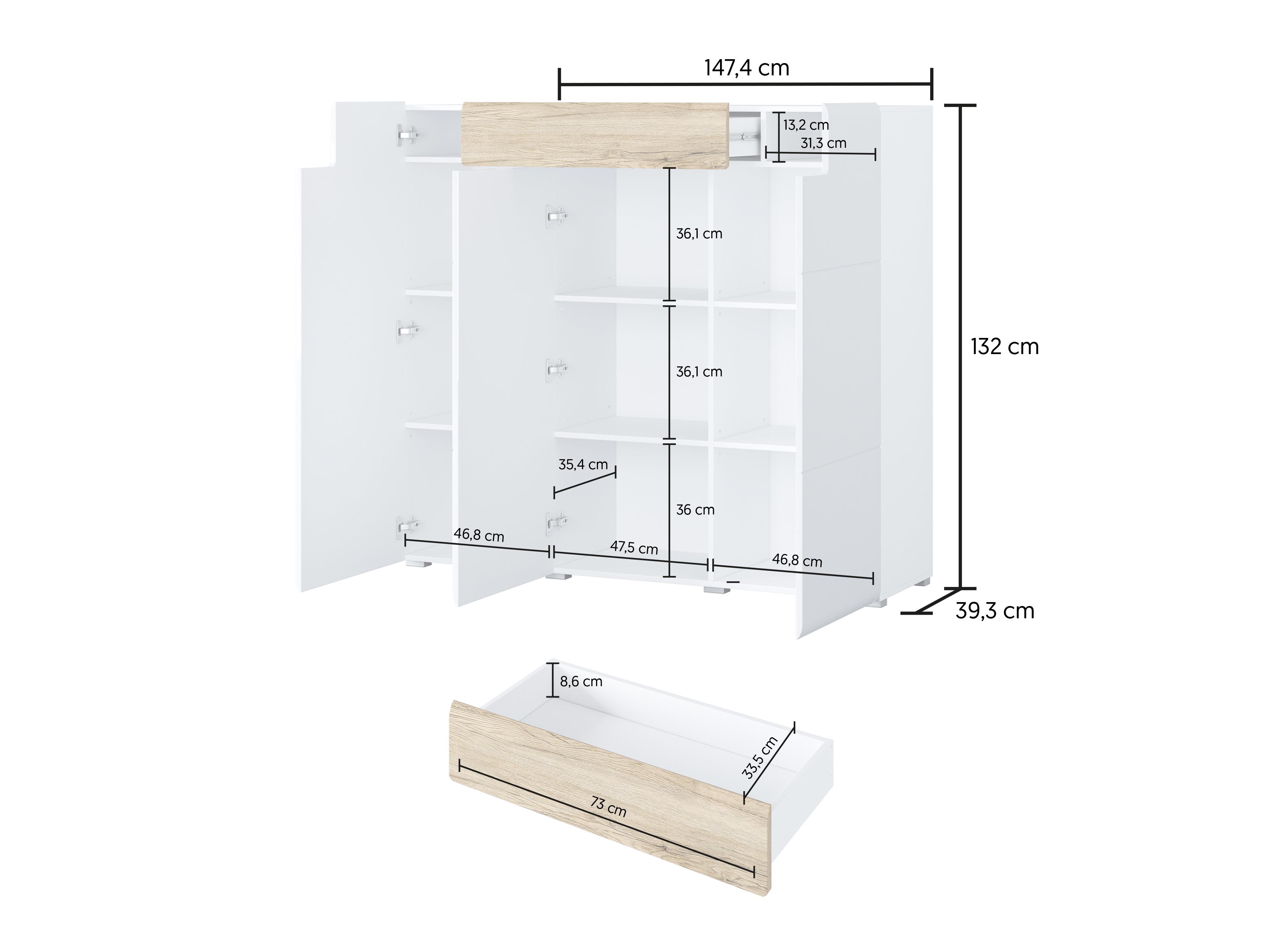 Komoda Torsone 112 (Belo + Sjajno belo + Hrast San Remo)