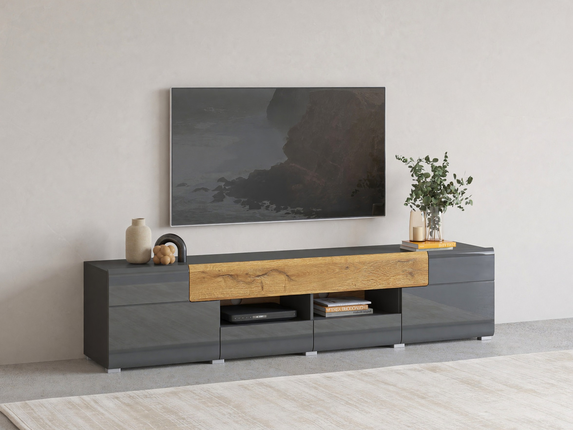 TV komoda Torsone 113 (Antracit + Gloss antracit + Grandson hrast)