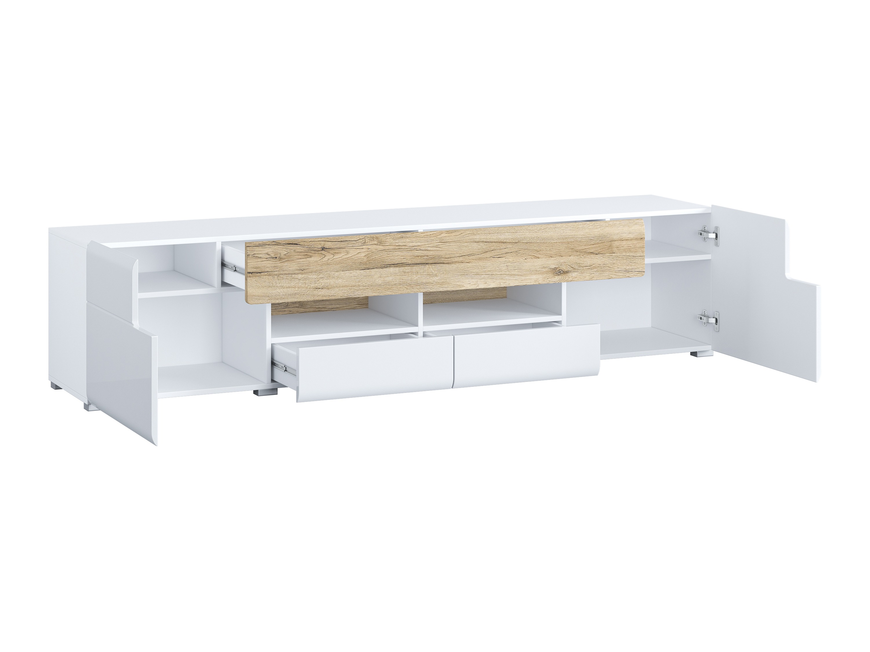 TV komoda Torsone 113 (Belo + Sjajno belo + Hrast San Remo)