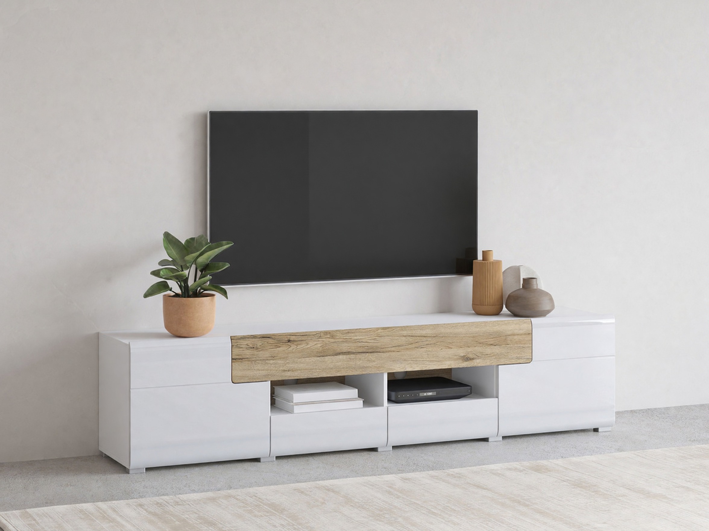 TV komoda Torsone 113 (Belo + Sjajno belo + Hrast San Remo)
