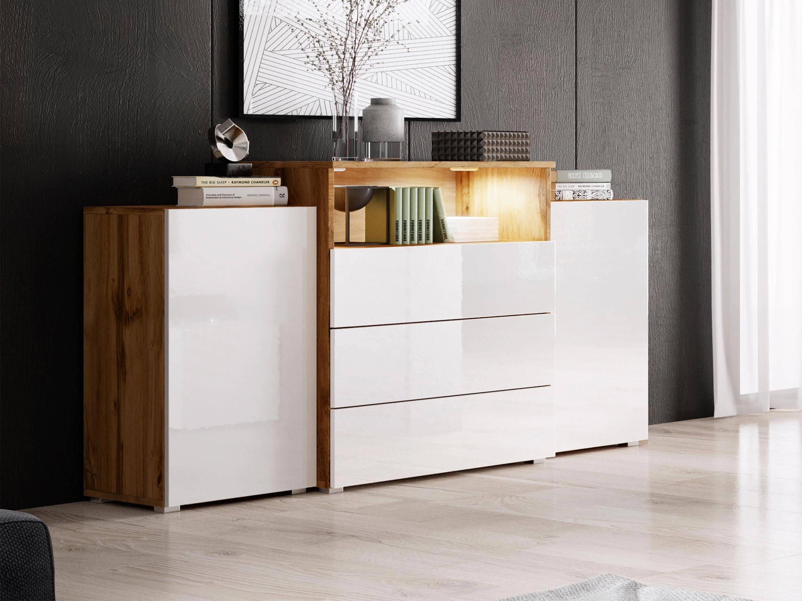 Komoda Sarasota 127 (Hrast Votan + Sjajno belo)