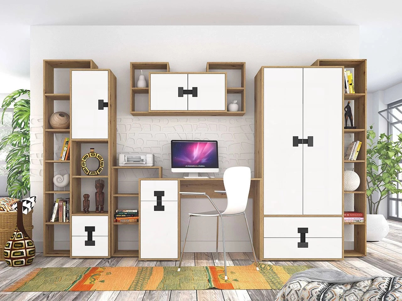 Set za kućnu kancelariju Florevi 104 (Mat belo + Artisan hrast)