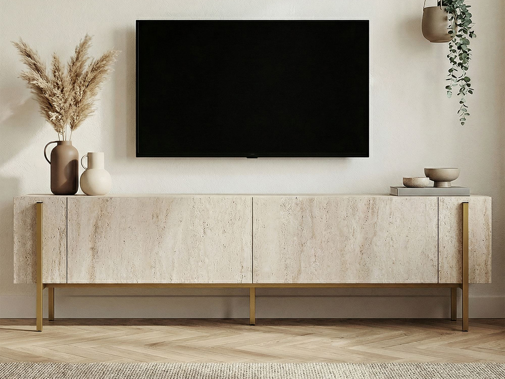TV komoda Novato 154 (Zlatna + Svetlo Travertine)