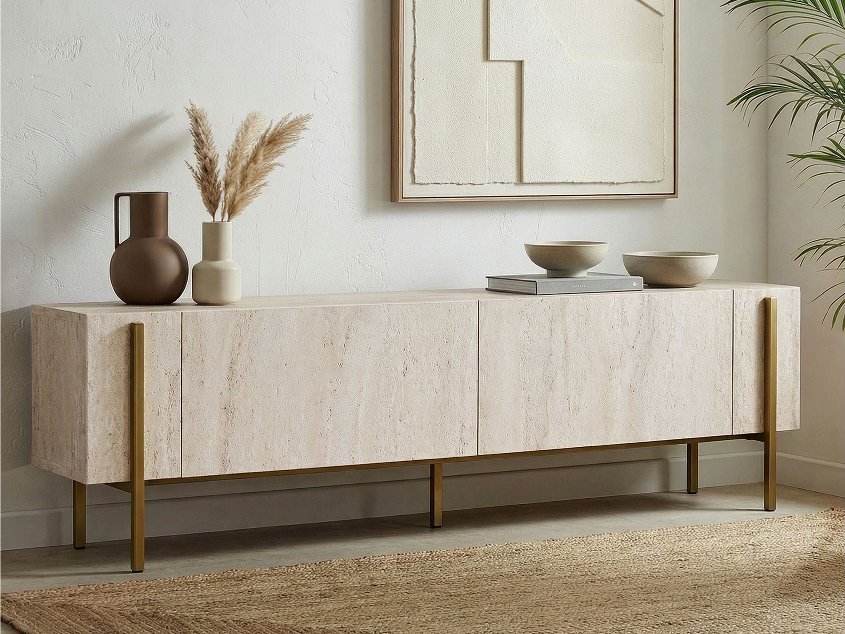 TV komoda Novato 154 (Zlatna + Svetlo Travertine)