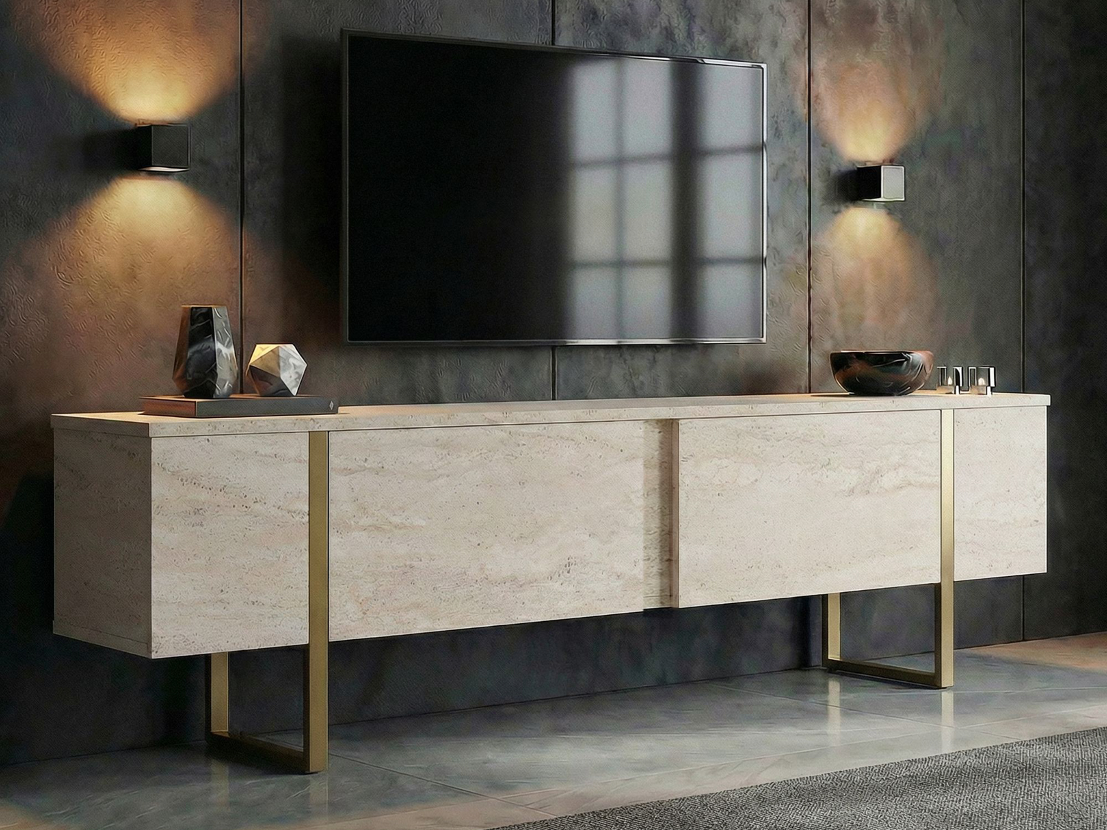 TV komoda Novato 156 (Zlatna + Svetlo Travertine)