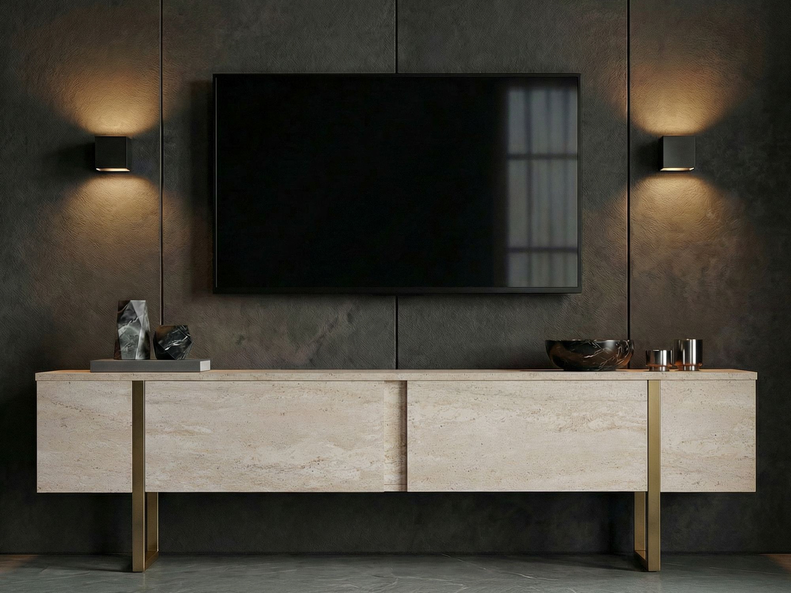 TV komoda Novato 156 (Zlatna + Svetlo Travertine)