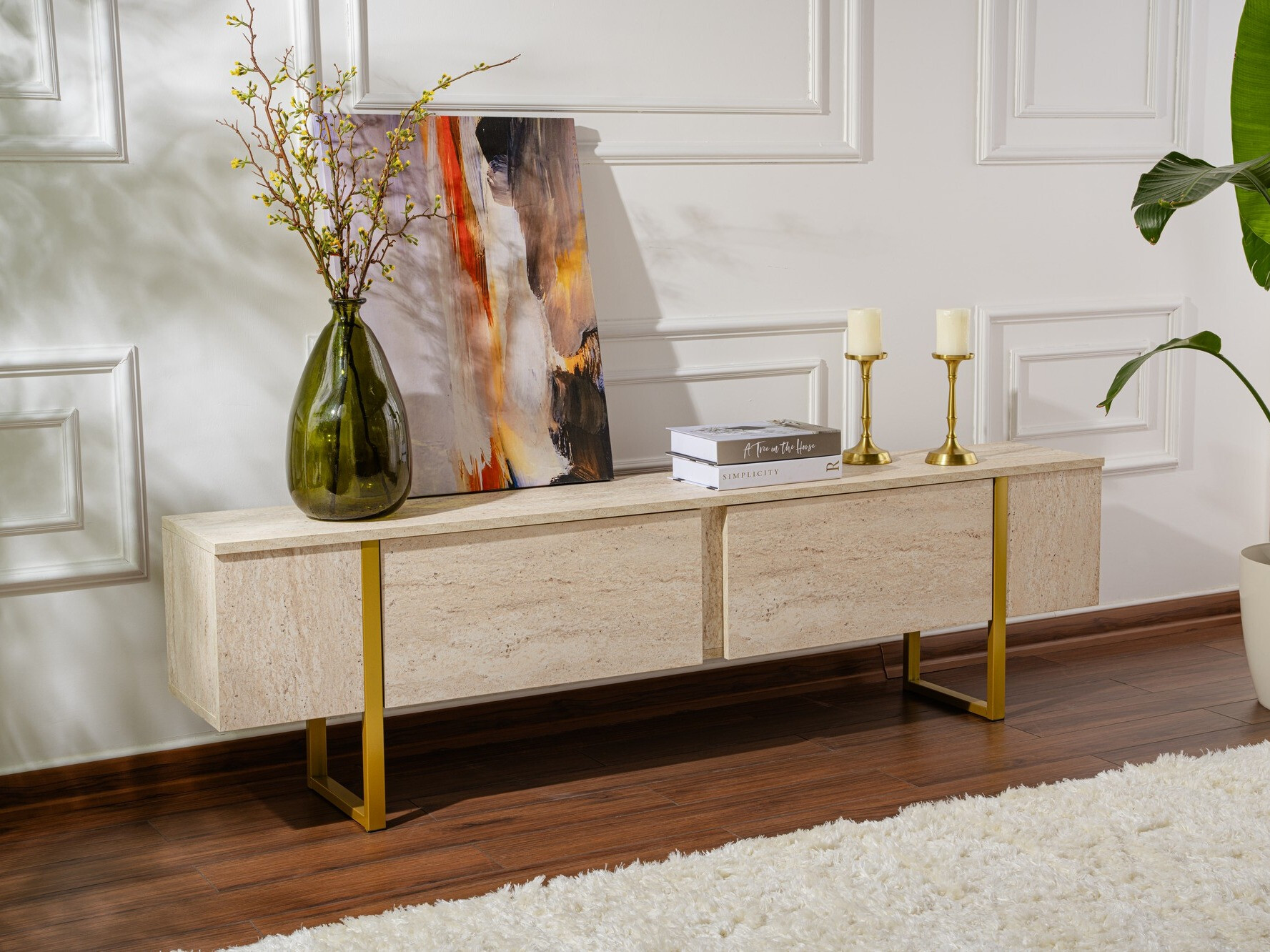 TV komoda Novato 105 (Svetlo Travertine + Zlatna)