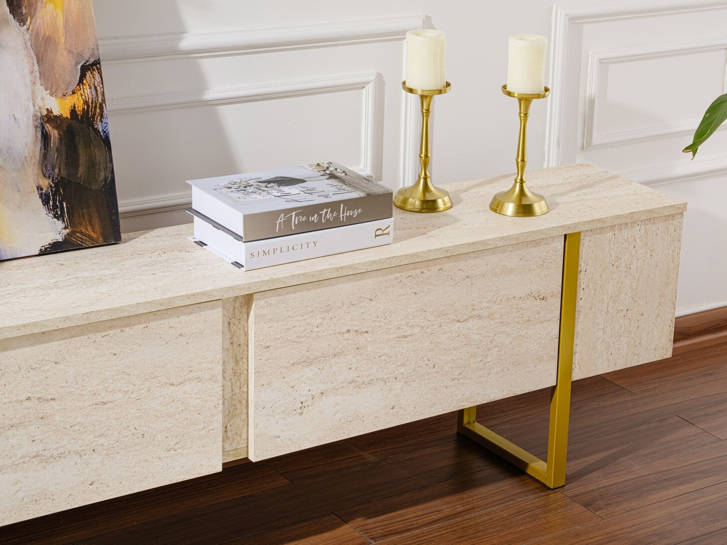 TV komoda Novato 105 (Svetlo Travertine + Zlatna)