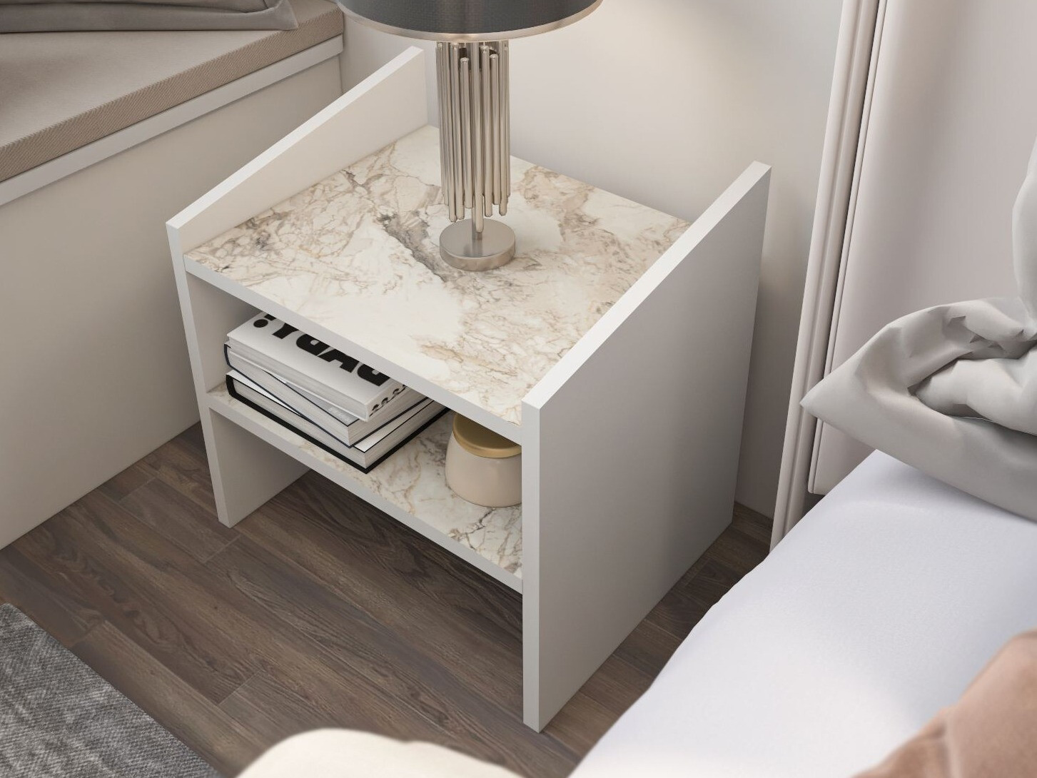 Noćni ormarić Kailua 2757 (Belo + Smeđa Mermer)