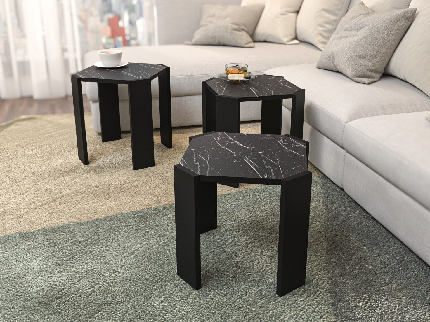 Set stočića za kafu Kailua 2770 (Crno + Crni mermer)