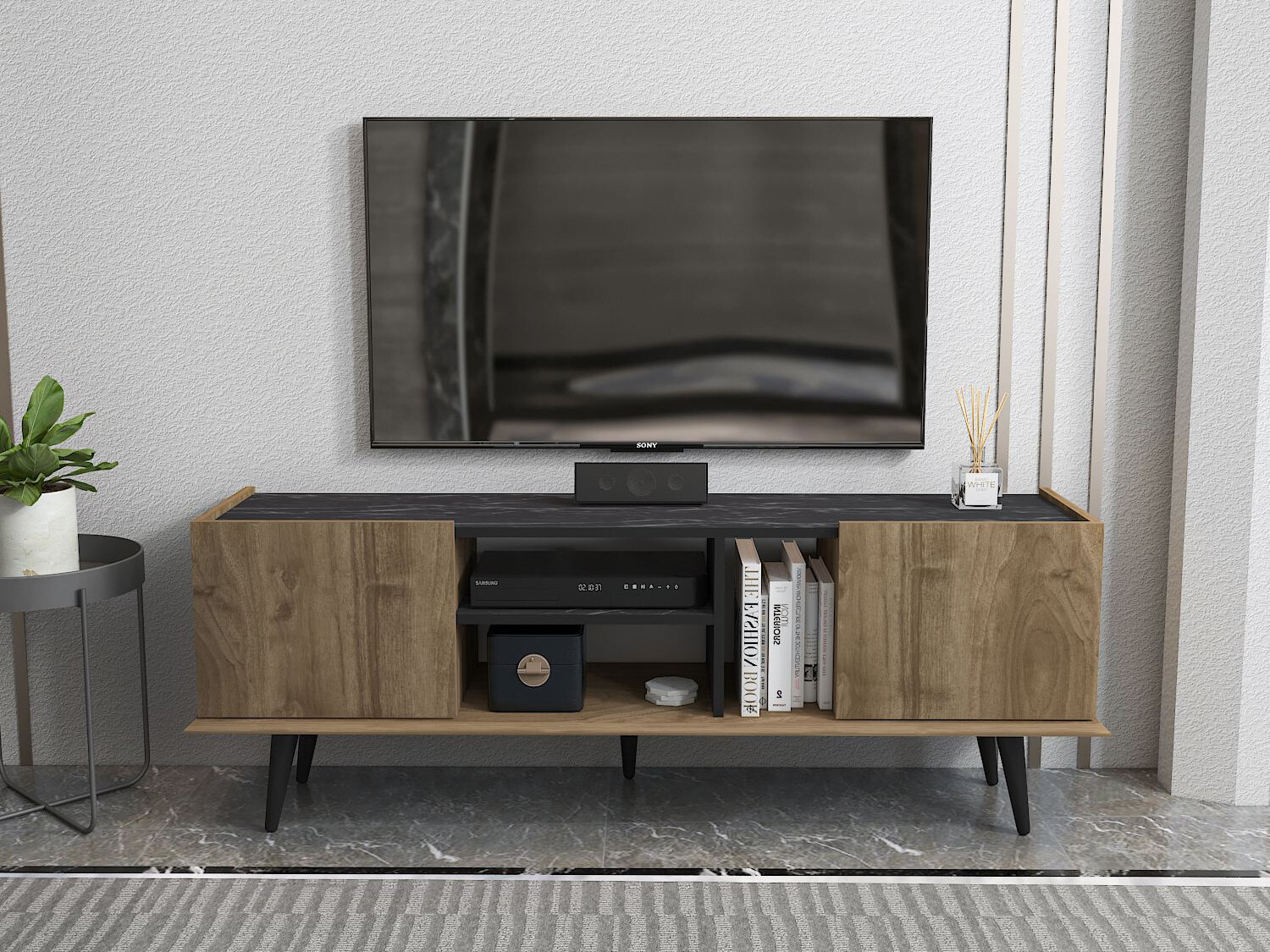 TV komoda Asheboro 214 (Orah + Crni mermer)