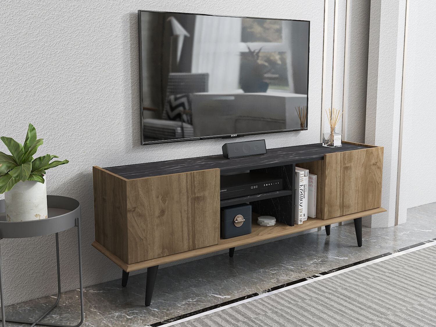 TV komoda Asheboro 214 (Orah + Crni mermer)