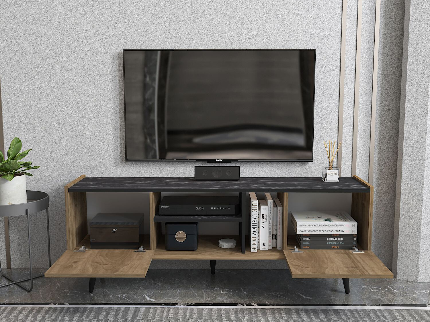 TV komoda Asheboro 214 (Orah + Crni mermer)