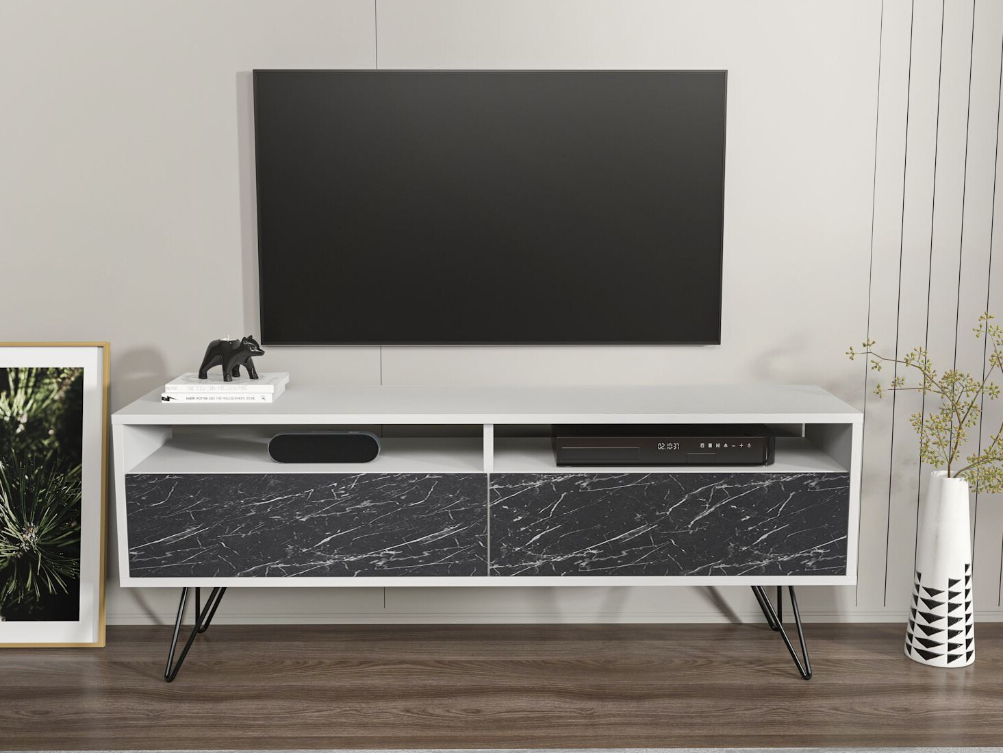 TV komoda Asheboro 215 (Belo + Crni mermer)