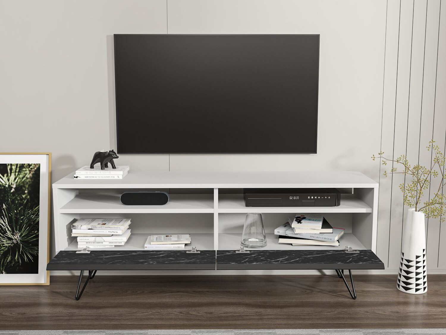 TV komoda Asheboro 215 (Belo + Crni mermer)