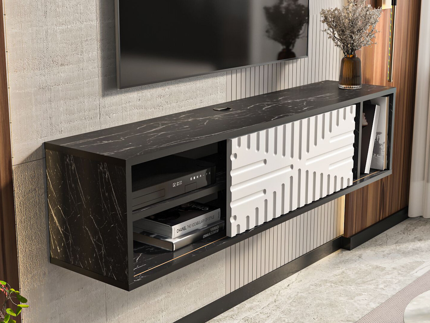 TV komoda Asheboro 217 (Belo + Crni mermer)