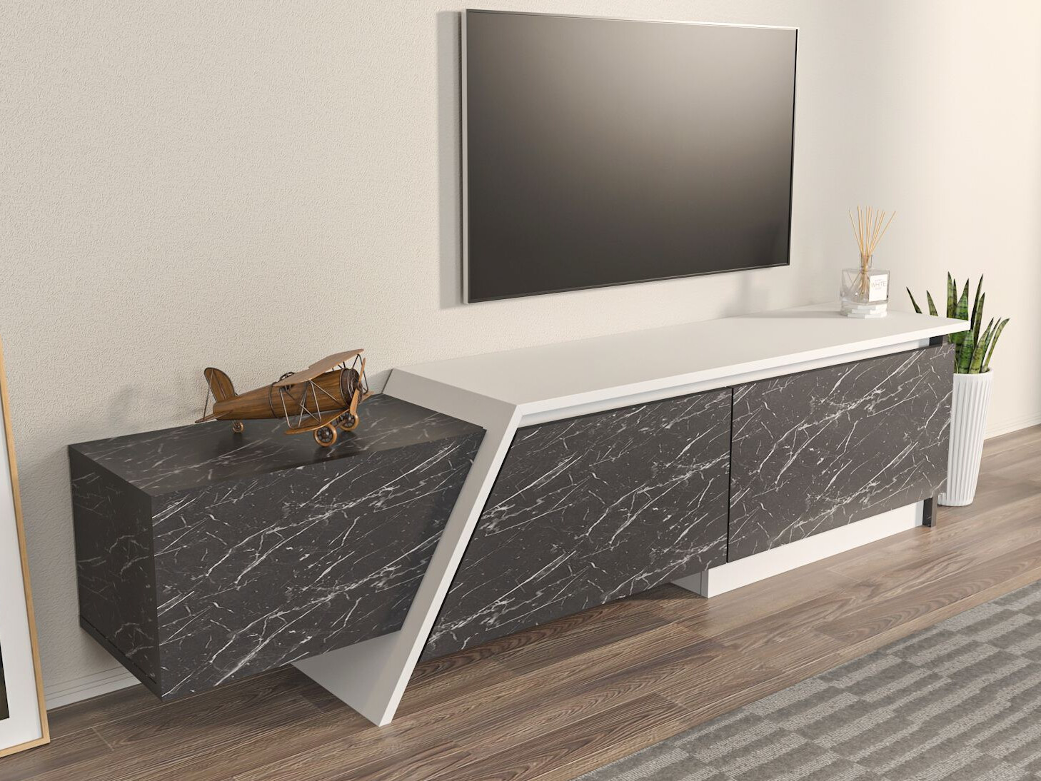 TV komoda Asheboro 219 (Belo + Crni mermer)