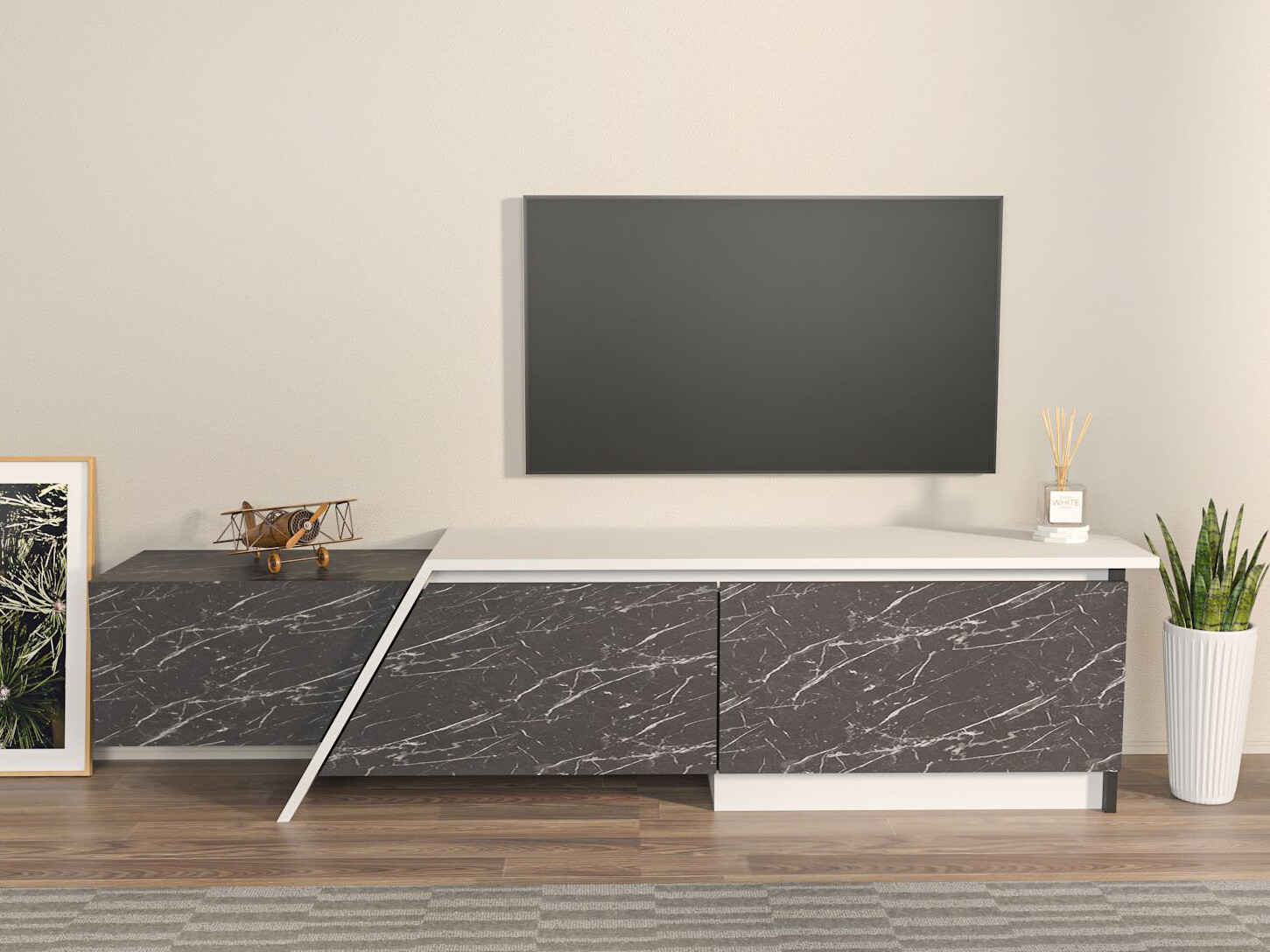 TV komoda Asheboro 219 (Belo + Crni mermer)