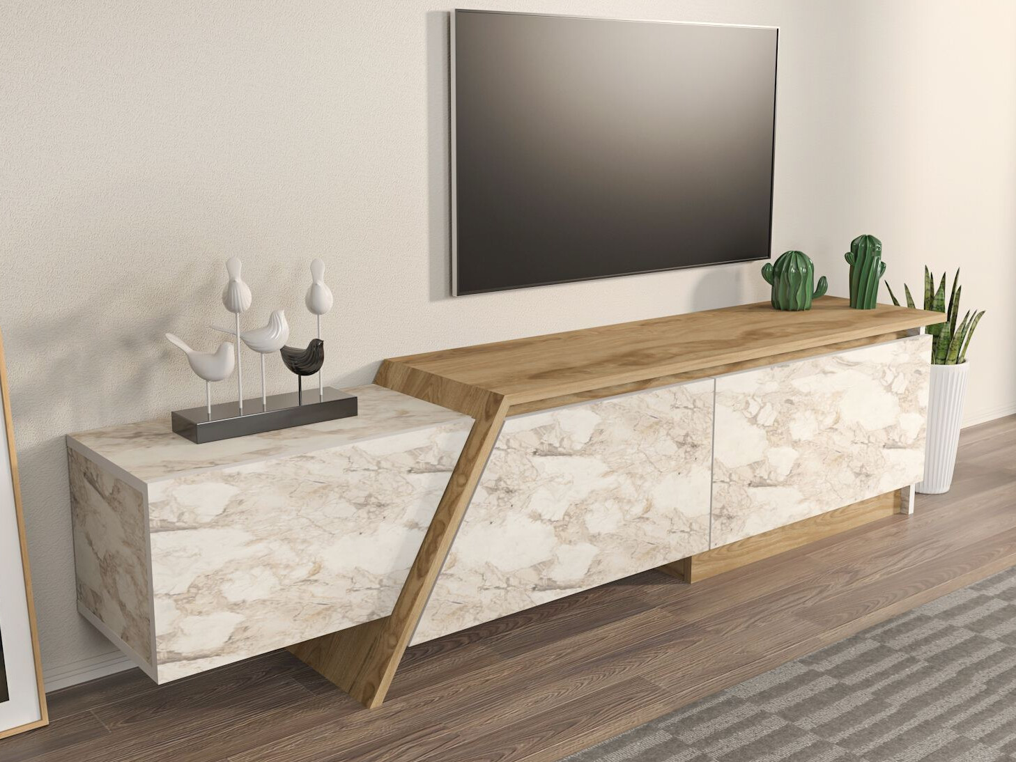 TV komoda Asheboro 219 (Belo + Smeđi mermer)