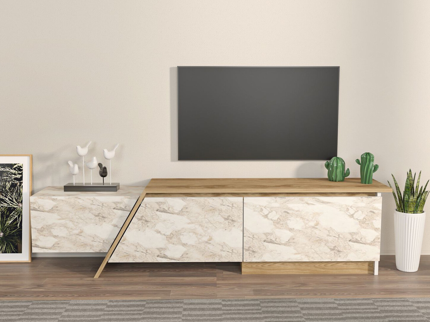 TV komoda Asheboro 219 (Belo + Smeđi mermer)