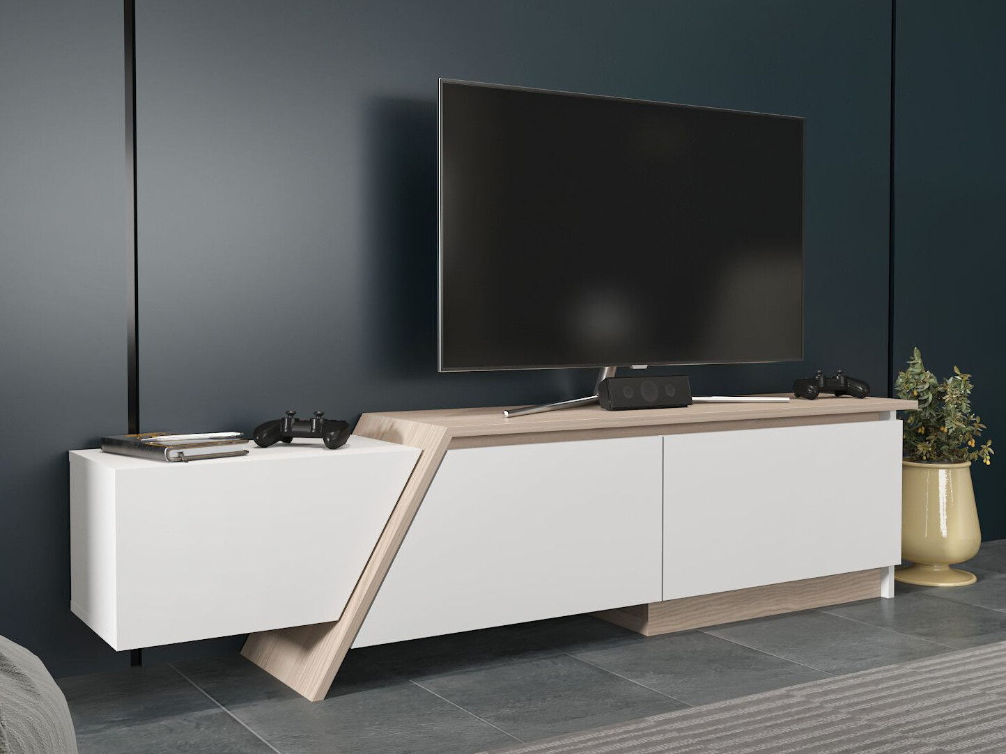 TV komoda Asheboro 219 (Belo + Svetlo drvo)