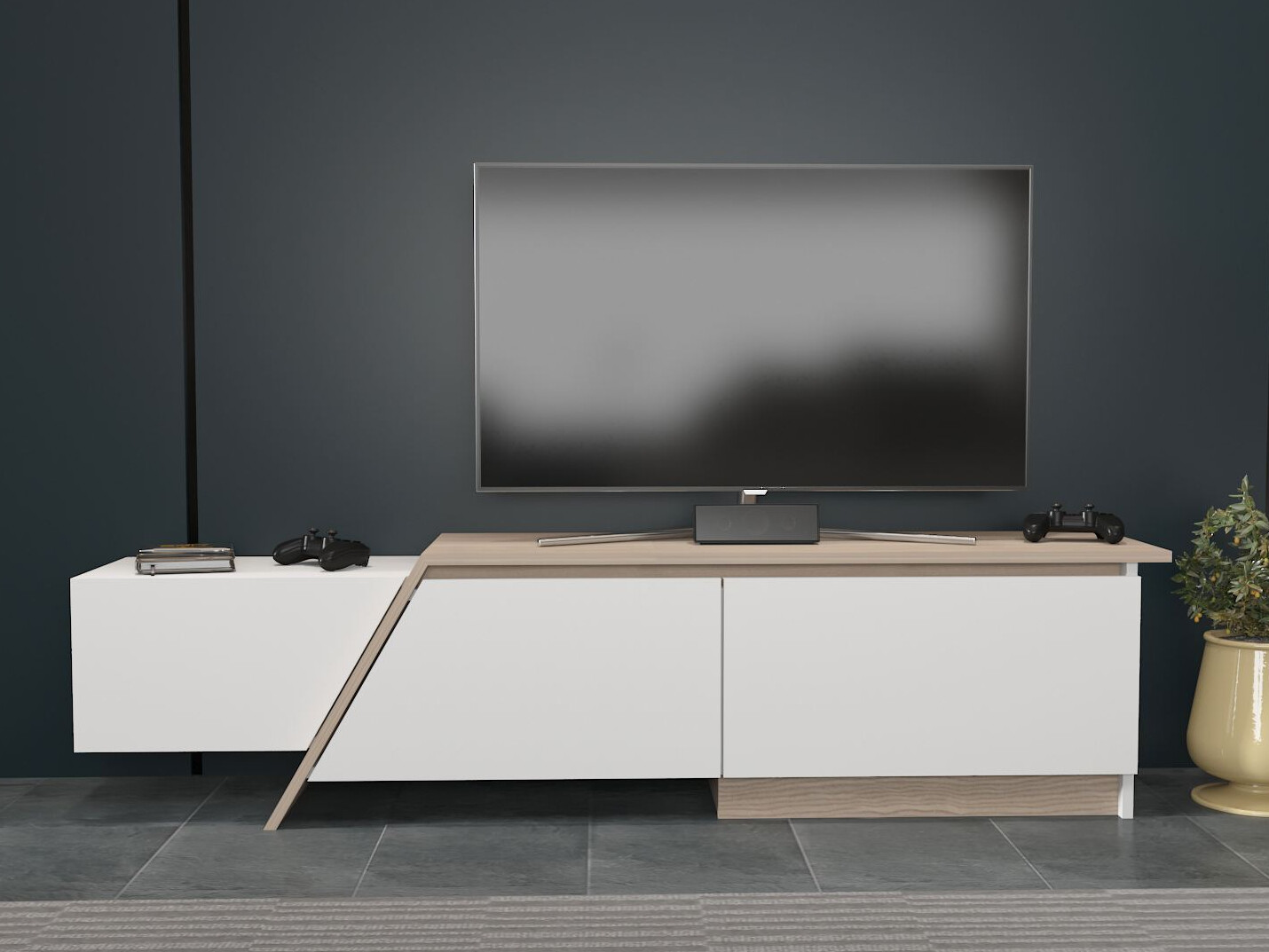 TV komoda Asheboro 219 (Belo + Svetlo drvo)