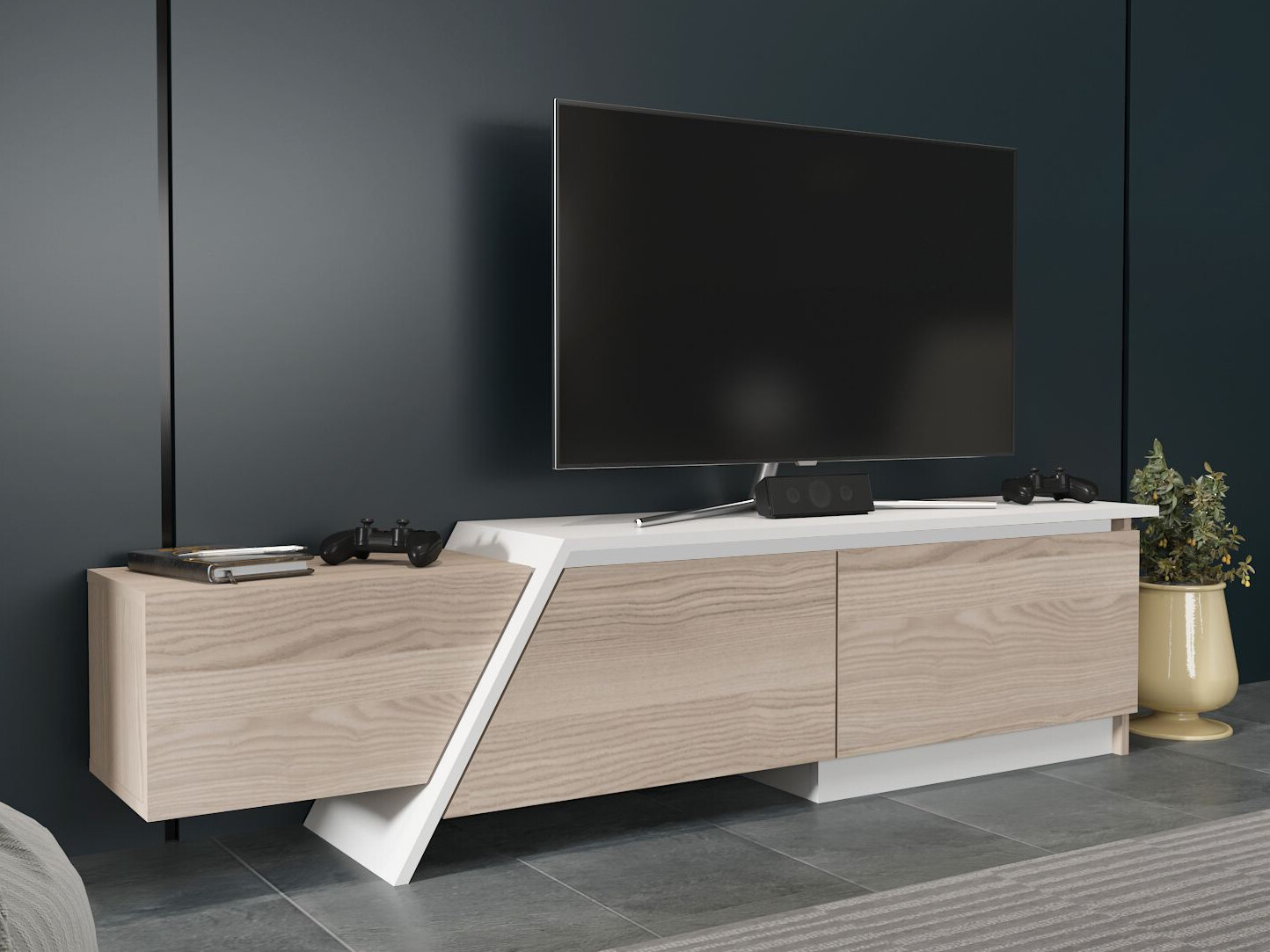 TV komoda Asheboro 219 (Svetlo drvo + Belo)