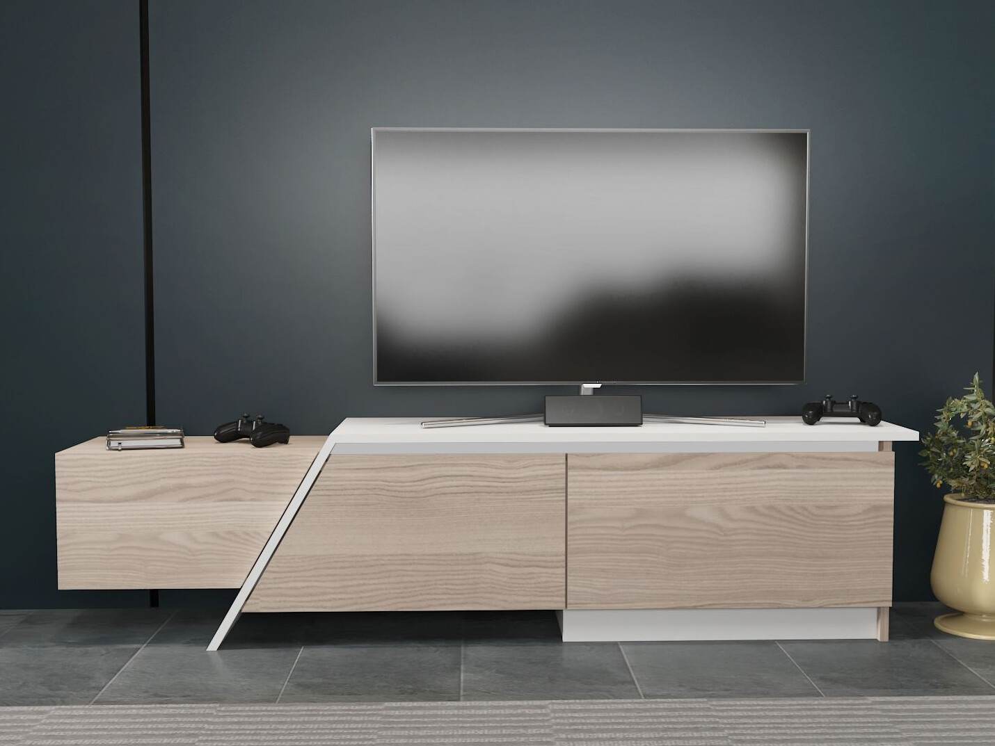 TV komoda Asheboro 219 (Svetlo drvo + Belo)