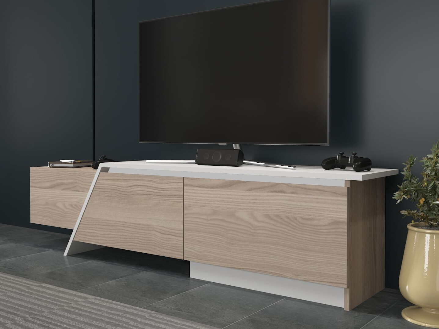 TV komoda Asheboro 219 (Svetlo drvo + Belo)