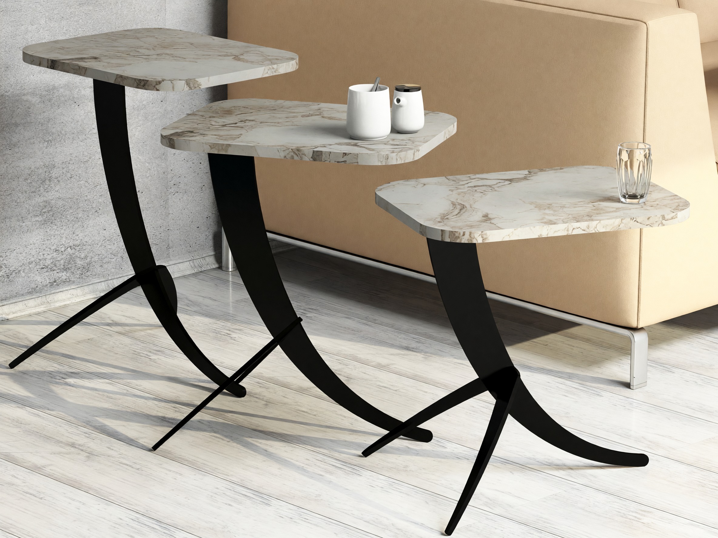 Set pomoćnih stočića Kailua 1622 (Beli mermer + Crno)