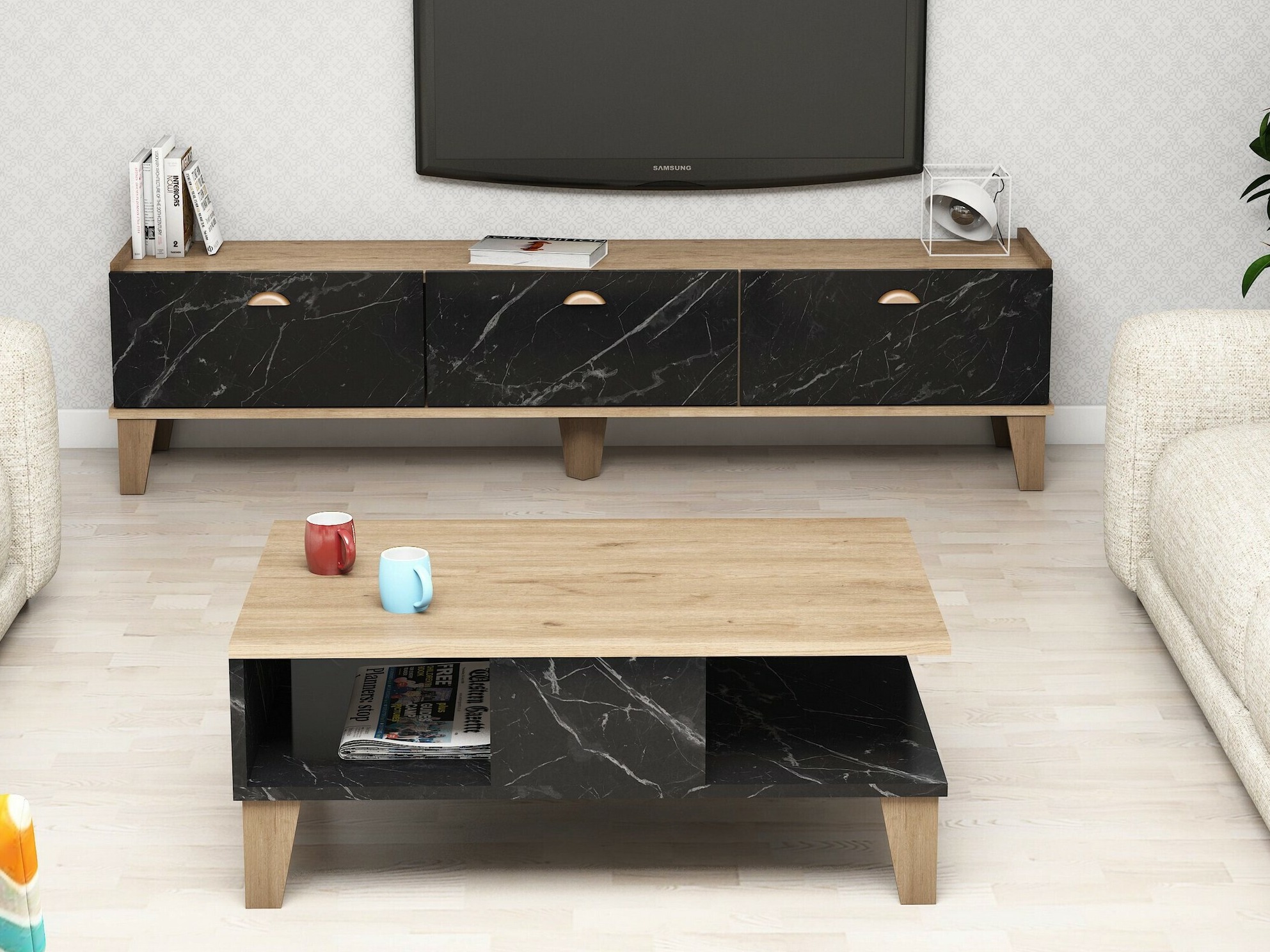Set za dnevnu sobu Kailua 723 (Hrast + Crni mermer)