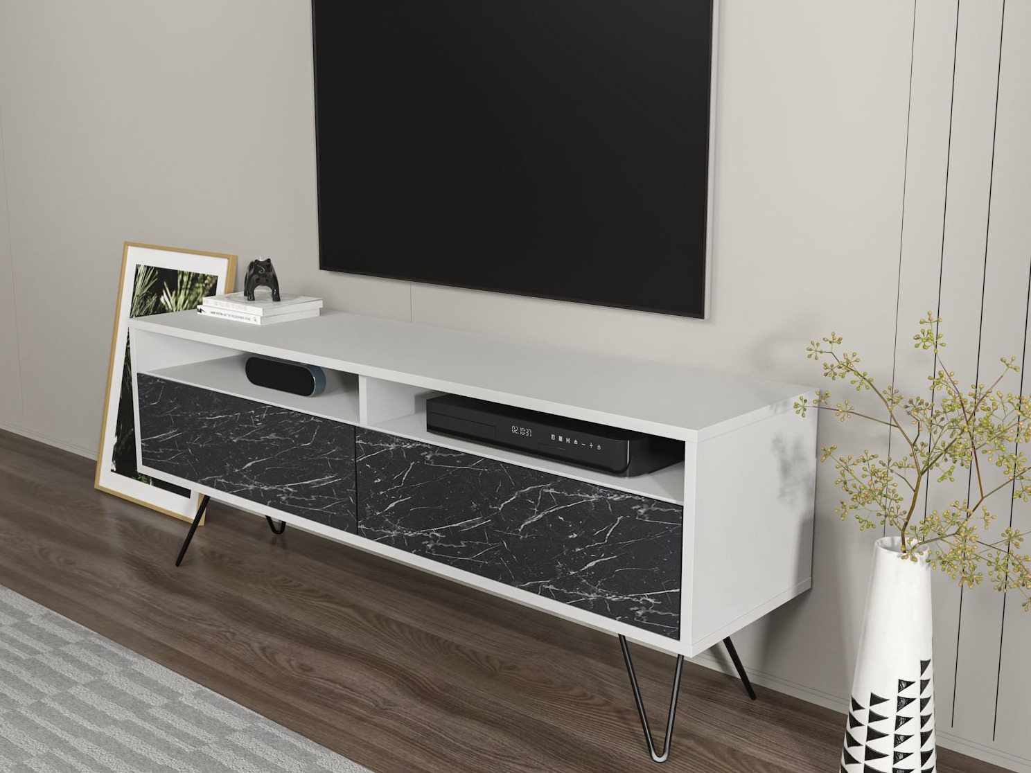 TV komoda Asheboro 215 (Belo + Crni mermer)