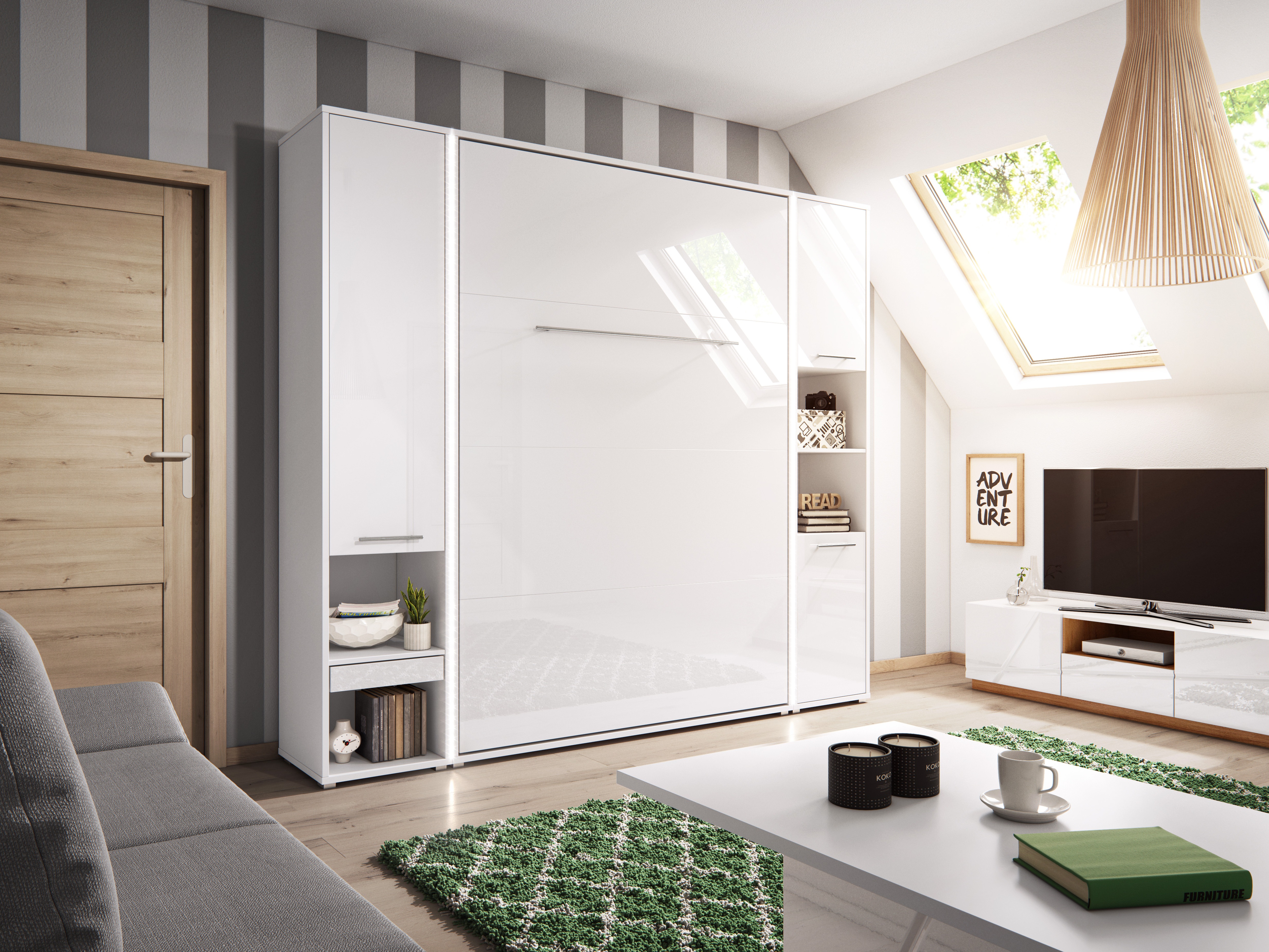 Zidni krevet Concept Pro Lenart III (Belo + Sjajno belo)