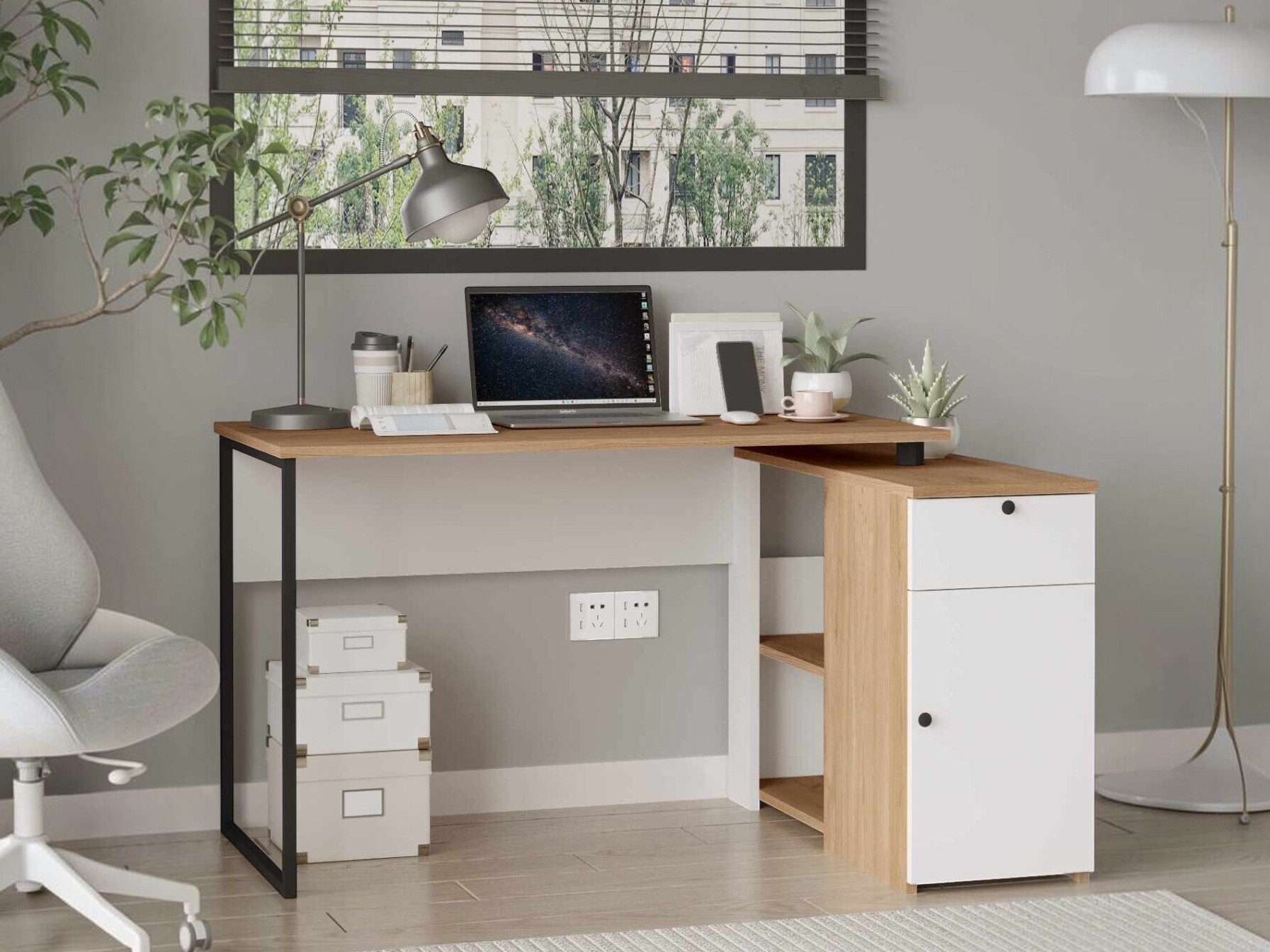 Ugaoni kancelarijski sto Kailua 2839 (Svetlo drvo + Belo)