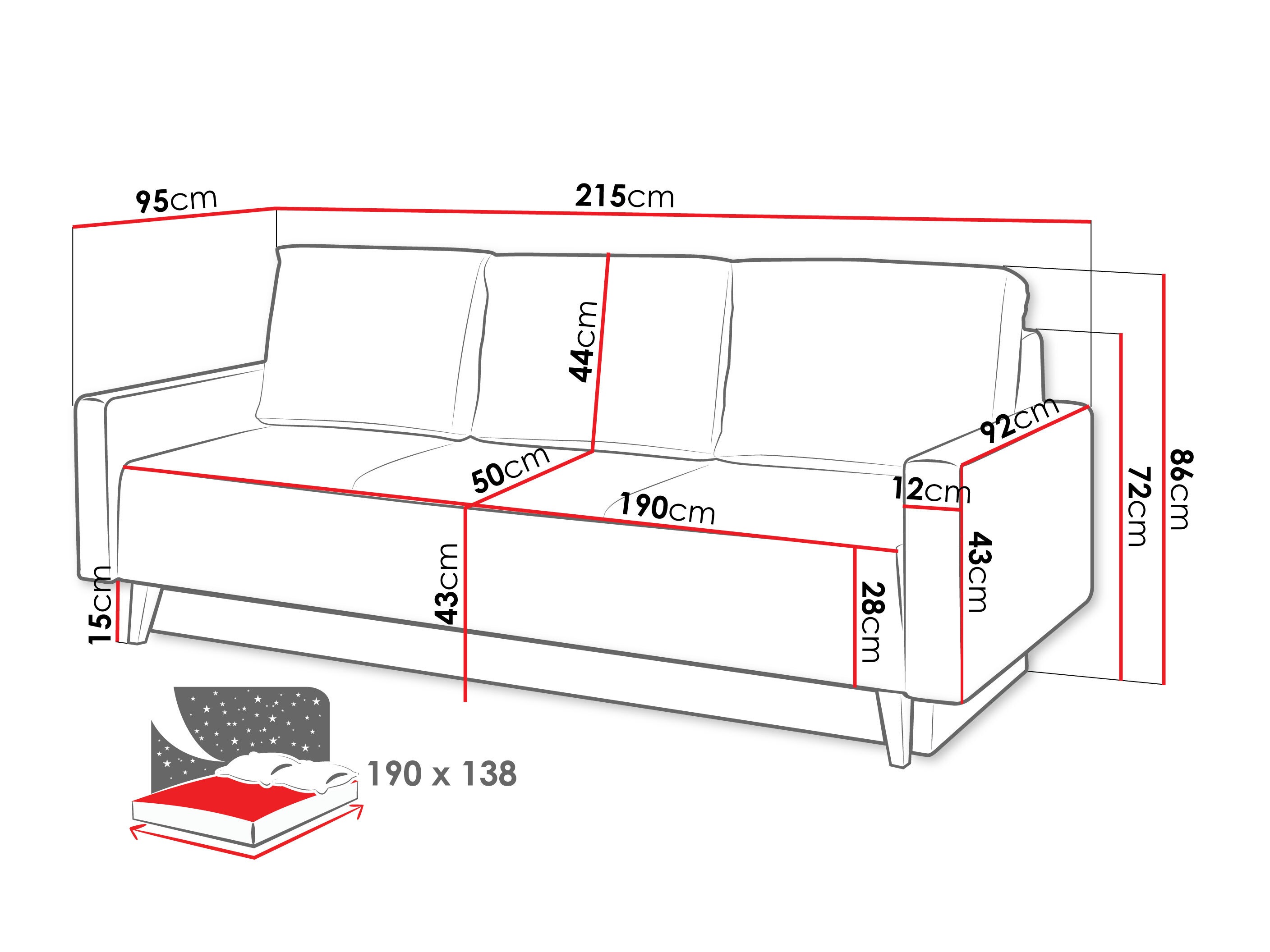 Sofa na razvlačenje Delbene 129 (Aura 23 + Sjajno crna)