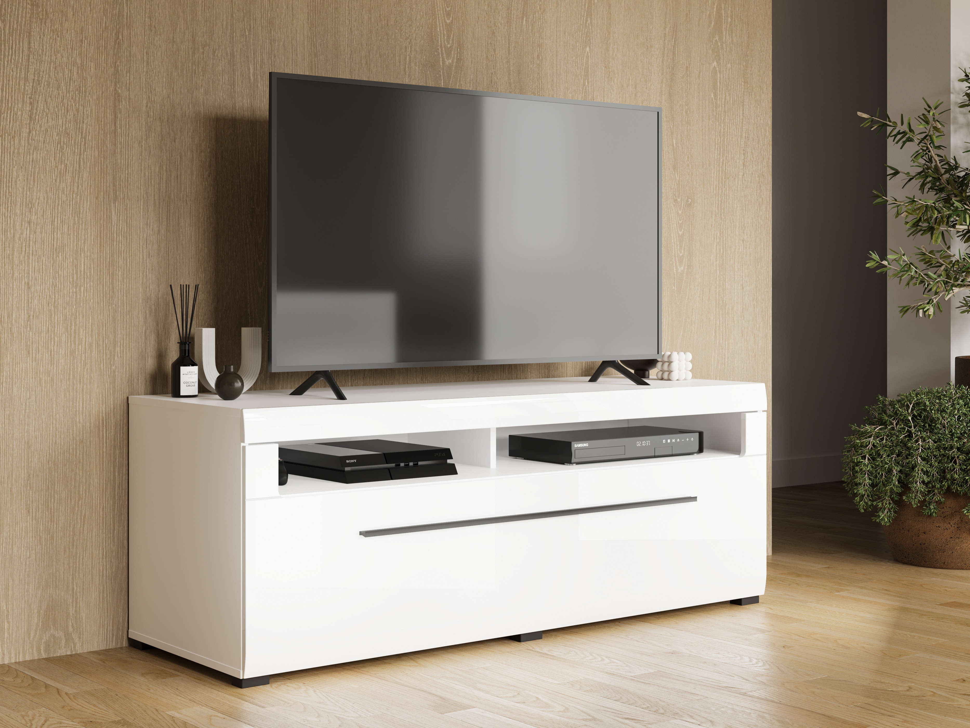 TV komoda Ophsalu 103 (Belo + Sjajno belo)
