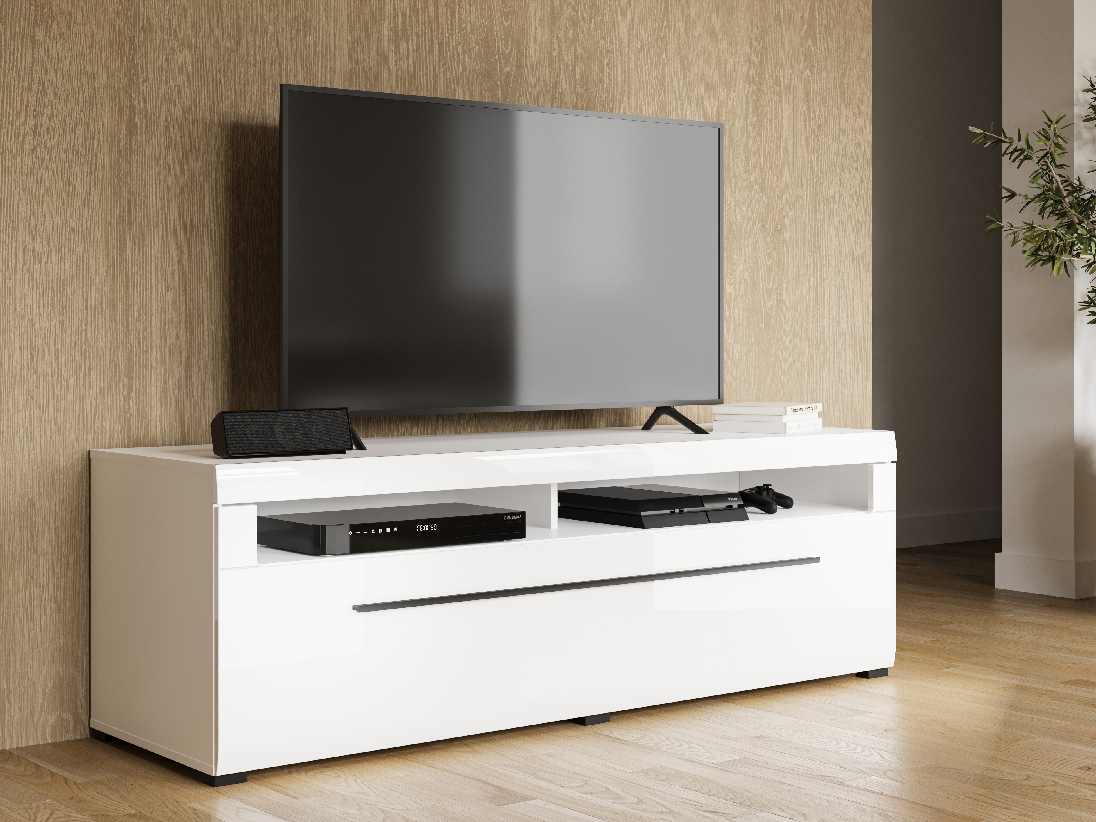 TV komoda Ophsalu 104 (Belo + Sjajno belo)
