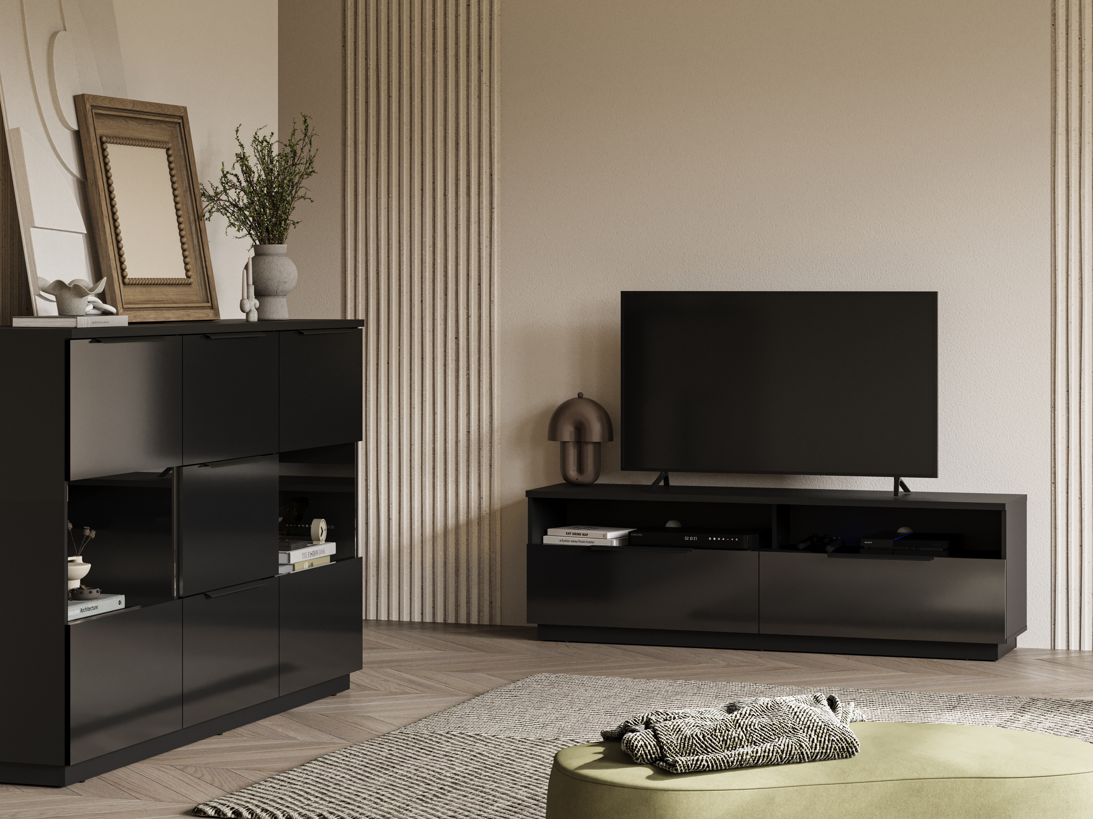 TV komoda Talevaro 103 (Crno + Sjajno crna)