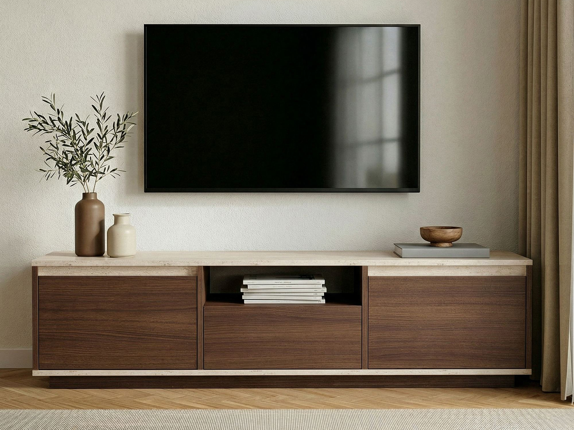 TV komoda Novato 167 (Orah + Svetli travertin)