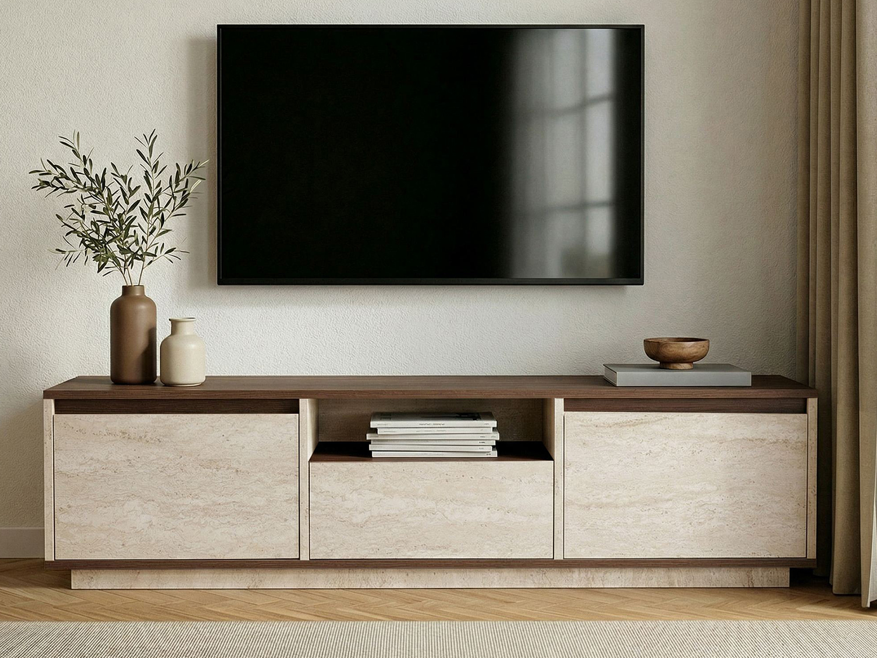 TV komoda Novato 167 (Svetli travertin + Orah)