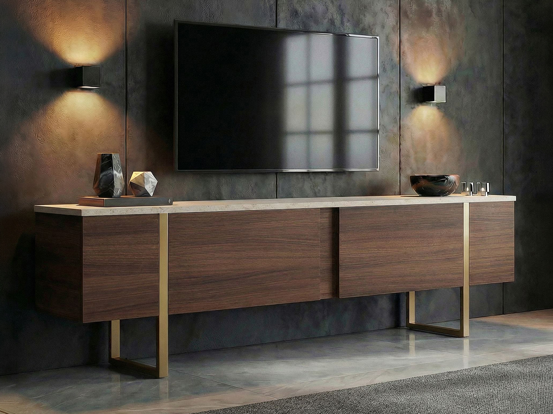 TV komoda Novato 156 (Orah + Svetli travertin)