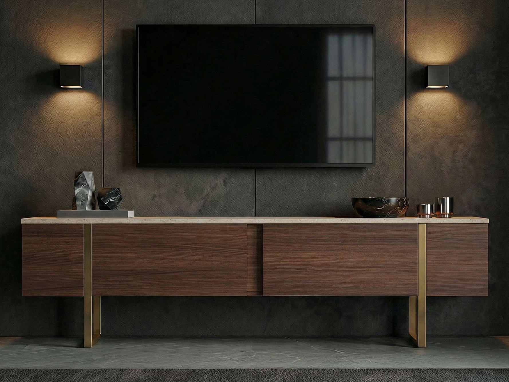 TV komoda Novato 156 (Orah + Svetli travertin)