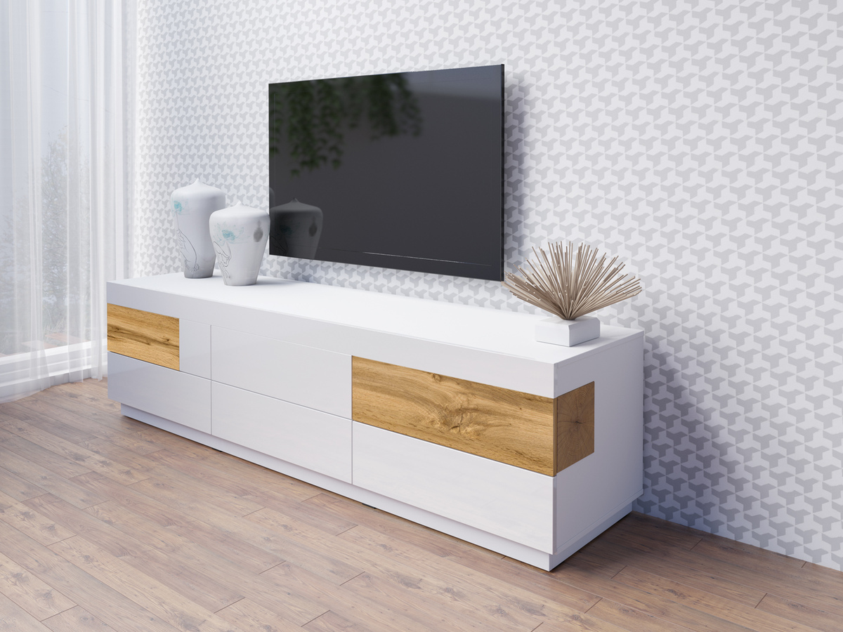 TV komoda Livlore 102 (Belo + Sjajno belo + Hrast Votan)