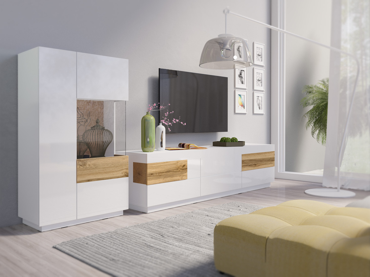 TV komoda Livlore 102 (Belo + Sjajno belo + Hrast Votan)