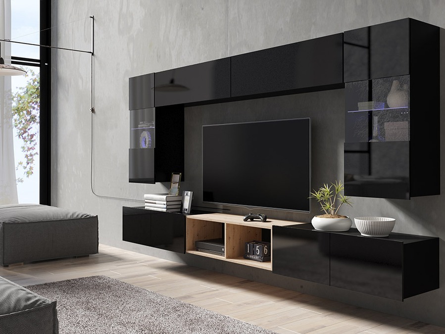 Set za dnevnu sobu Remus XXIV (Crno + Sjajno crna + Artisan hrast)