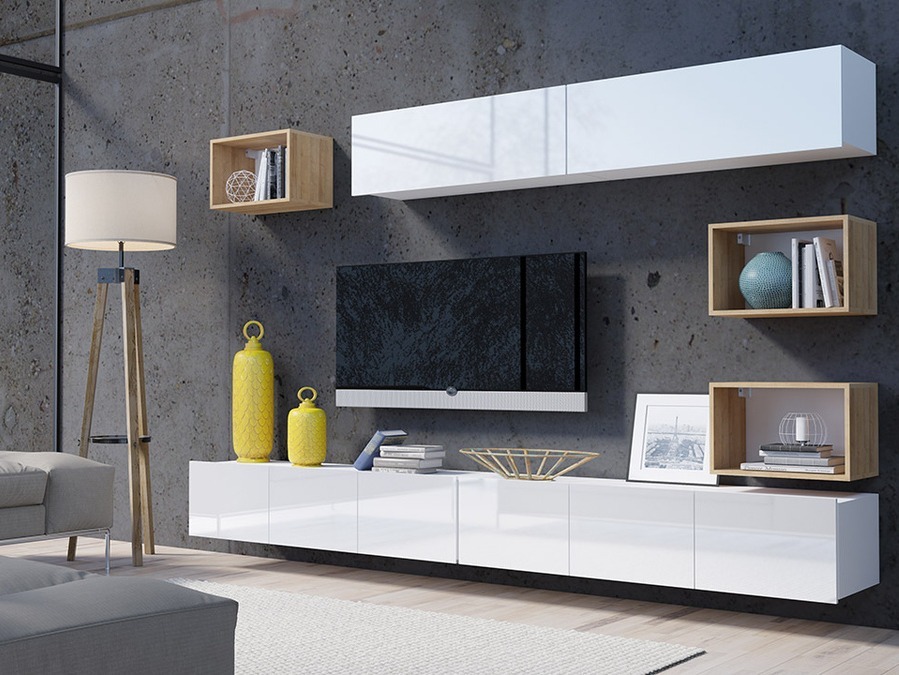 Set za dnevnu sobu Remus XXXI (Belo + Sjajno belo + Zlatni hrast)