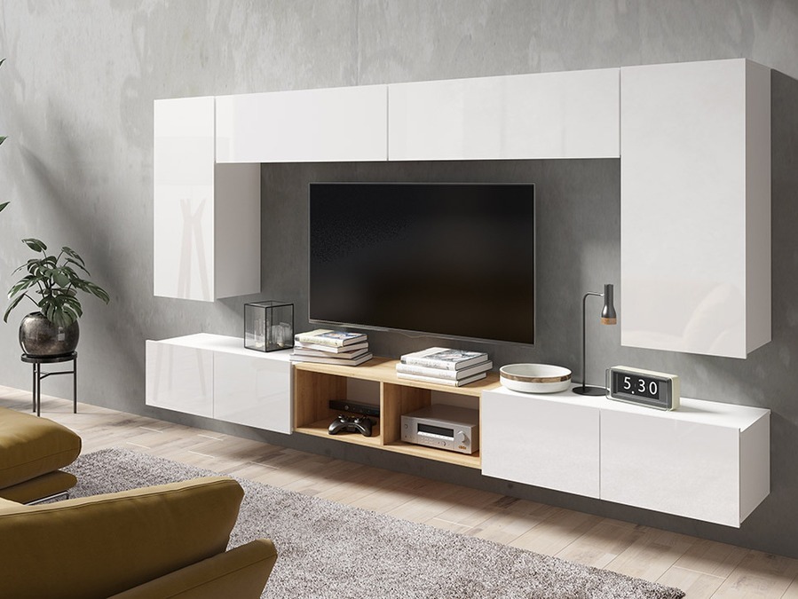 Set za dnevnu sobu Tivdalu 143 (Belo + Sjajno belo + Zlatni hrast)